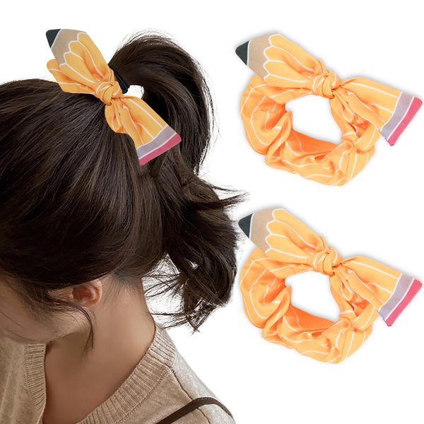 Teacher Headband Ponytail Holder Hair Scrunchies for Women Yellow Pencil Scrunchies Teacher Outfits Teacher Supplies Hair Ties Hair Accessories 2Pcs