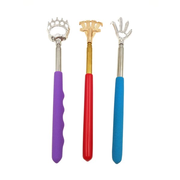 Qaoquda (3-Pack Portable Extendable Telescopic Bear Claws, Eagle Claw, Rake Metal Back Scratchers/Hand Massager/Backslap with Rubber Handles (Red Purple and Blue)