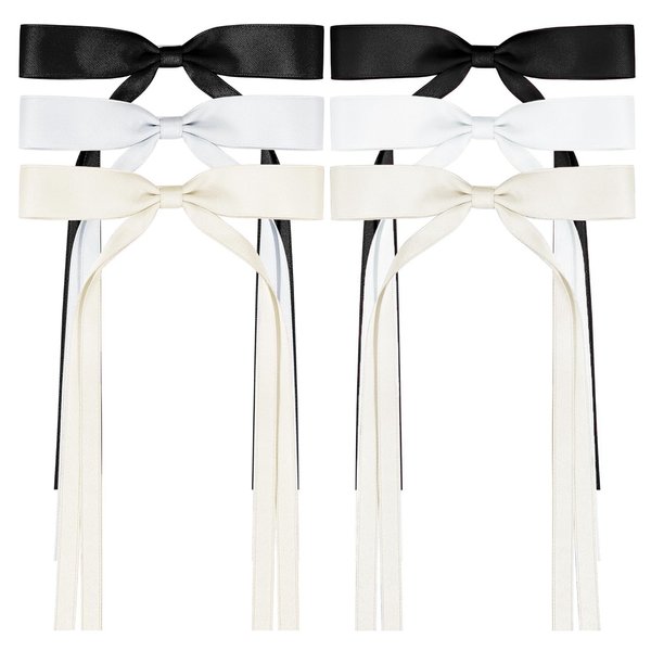 Durzasvo 6PCS Balck+White+Beige Ribbon Hair Bow Clips for Women Teens Girls Siky Tassel Bow Hair Clip Wedding School Daily Wear
