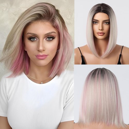 testar Blonde Bob Wigs For White Women Pink Bob Wigs Short Straight Blonde Wig With Highlights Natural Middle Part Pink Wigs Heat Resistant Synthetic Wigs For Girls Daily Wear 14Inch