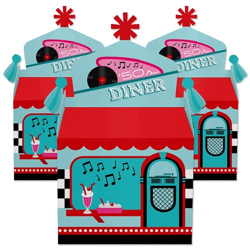 Big Dot of Happiness 50’s Sock Hop - Treat Box Party Favors - 1950s Rock N Roll Party Goodie Gable Boxes - Set of 12