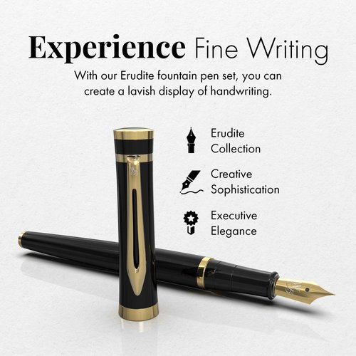 Wordsworth & Black Fountain Pen Set, Extra Fine Nib, Includes 24 Ink Cartridges & Ink Refill Converter, Gift Case, Journaling, Calligraphy, Smooth Writing Pens [Black Gold], Perfect for Men & Women