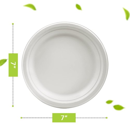 three leaf 7" BAGASSE ROUND PLATE, 50 Ct. Heavy-Duty- Super Strong- Natural- Eco-Friendly Disposable Bagasse Plates, 100% Biodegradable Eco-Friendly,Bagasse 7 inch Plates