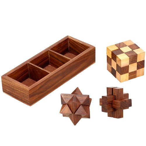 Ajuny 3-in-One Wooden Puzzle Games Set - 3D Puzzles for Teens and Adults - Challenging Brain Teasers 3D Puzzle IQ Logic Handcrafted Games, Includes Decorative Storage Box Best Gift 3 in 1 Game Set