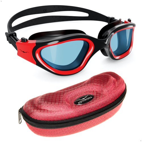 AqtivAqua Swim Goggles Swimming Goggles for Adult Men Women Kids 6-14 Youth Girls Boys Childrens DX-S (Red&Black frame, Red case, Shade lens)