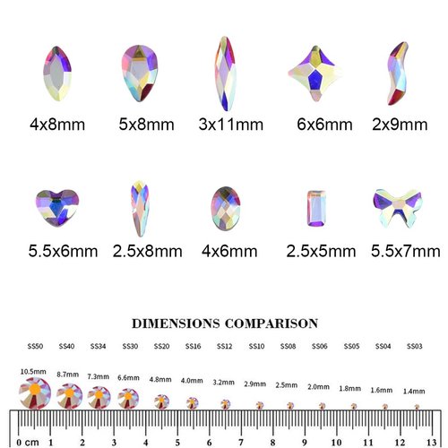 Tisslan 100pcs Mix Shapes Glass Ab Crystals Flatback Nail Decoration Gems 720pcs Round Rhinestones for Nails Crafts Assortment