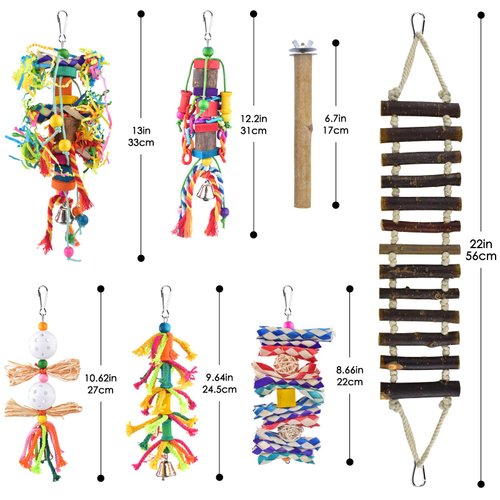 KATUMO Small Bird Toys, Colorful Bamboo Hanging Shredding Toys Parrot Chew Wooden Blocks Natural Wood Ladder Bird Perch for Parakeets, Conures, Cockatiels, Budgies, Love Birds and Other Small Birds