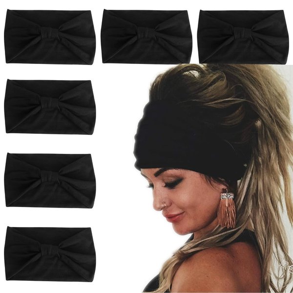 Wecoe 6 Pack Black Headbands for Women Wide Elastic Headbands Fashion African Headbands For Wigs Head Wrap Knotted Headbands Sports Running Workout Yoga Headbands Halloween Hair Accessories For Women