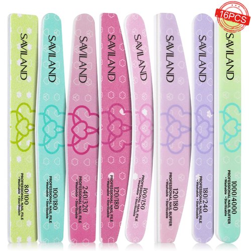 Saviland Nail File Buffer for Acrylic Nails: 16PCS Professional Emery Board for Nails Nail Buffers Manicure Kit Acrylic Nails & Natural Nails 100/180-4000 Grit Doubled Sides Emory Boards Beauty Gift