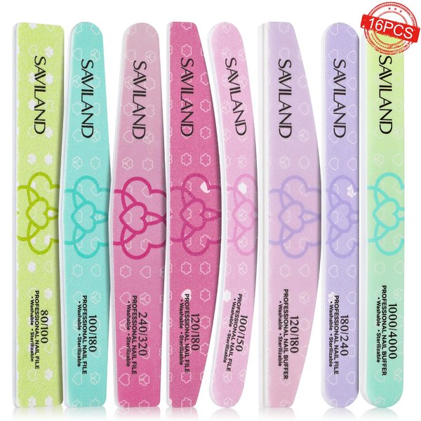 Saviland Nail File Buffer for Acrylic Nails: 16PCS Professional Emery Board for Nails Nail Buffers Manicure Kit Acrylic Nails & Natural Nails 100/180-4000 Grit Doubled Sides Emory Boards Beauty Gift