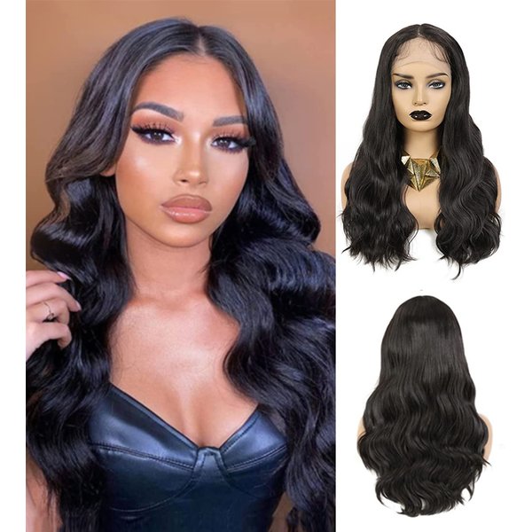 SOKU Body Wave Synthetic Lace Front Wigs 22 Inch Middle Part Wavy Wig With Baby Hair Dark Brown Glueless Hair Replacement Wigs for Gifts Heat Resistant Fiber