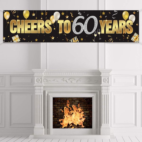 60th Birthday Banner Decorations for Men Women Happy 60th Birthday Banner Cheers to 60 Years Birthday Party Supplies Black Gold Backdrop for 60th Birthday Decor (70.9 x 15.7 Inch)