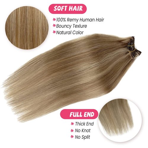Remy Clip in Extensions Human Hair Natural 16Inch Blonde to Light Blonde Highlight Clip in Hair Extensions 7 Pieces Seamless Clips for Blonde Remy Extensions 70G for Women