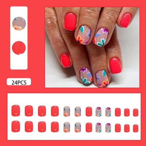 Acrylic Nails Press on，Press on Nails Short Square Fake Nails Red Glossy False Nails with Cute Flower Press ons Designs Artificial Nails Stick on Nails For Women Girls 24Pcs