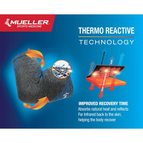 MUELLER Sports Medicine 4-Way Stretch Premium Knit Elbow Compression Sleeve, Thermo Reactive, Elbow Pain Relief Brace for Men and Women, Black/Blue, M/L