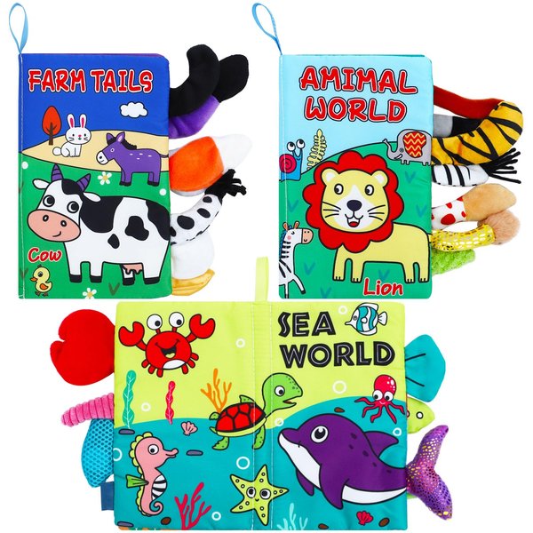 ONEST 3 Pieces Baby Soft Cloth Books 0-6 Months High Contrast Sensory Baby Toys 6 to 12 Months Crinkle Touch Feel Teething Carseat Newborn Shower Gift, Farm/Animal/Sea
