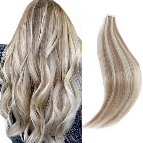 Sixstarhair Tape In Hair Extensions Blonde Highlights 100 Real Remy Human Hair Professional Beautiful Color Gold Blonde With Ash Blond and Most Invisible Hair Tape [Color P20-60#-18 inch]