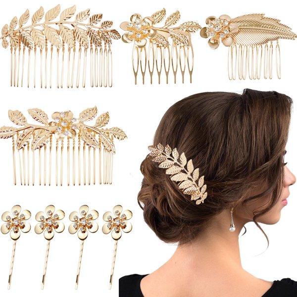 8 Pieces Leaf Hair Side Combs Gold Rhinestone Hair Pins Clips with Teeth Combs for Wedding Hair Accessories for Women, Girls, Bride, Bridesmaid (Gold)