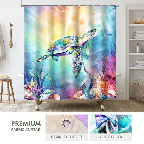 Blue Ocean Shower Curtain Teal Sea Turtle Shower Curtains for Bathroom, Waterproof Fabric Shower Curtain Set with Hooks, Nautical Coastal Navy Beach Shower Curtains Ocean Bathroom Decor, 72x72 In