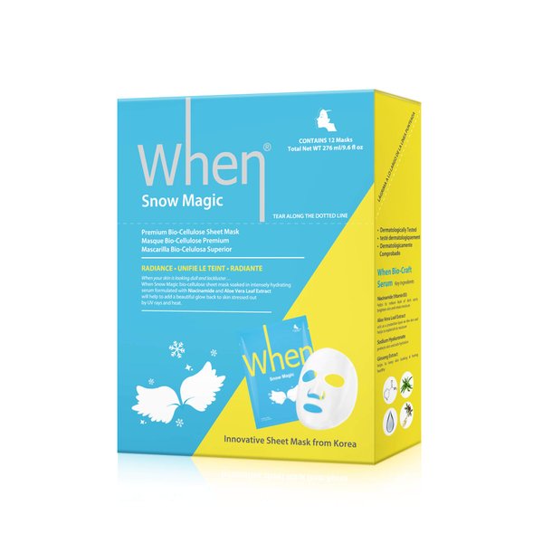 Radiance Bio-Cellulose Facial Sheet Mask - When Beauty Snow Magic Face Premium Korean Skincare Fine Line Wrinkles Reduce Intensive Hydration Soothing Protection (12 pcs set)