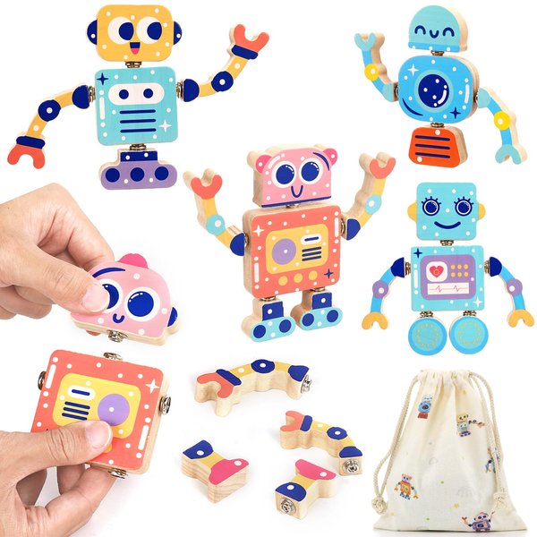 Robot Building Block Set, Wooden Snap-Connection Robot Builders, 28pcs Robot Take Apart Toys, Fine Motor Skill Educational Learning Toy Gift for 3 4 5 Years Old Kids