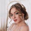 Woeoe FLower Pearls Crown Headband Gold Leaves Hair Band FLoral Double Tiara Headdress for Bride Bridesmaids Wedding Party