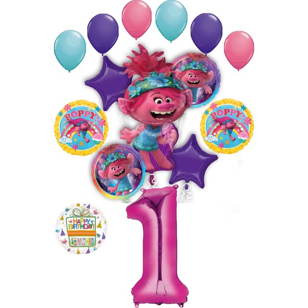 Poppy World Tour 1st Birthday Party Supplies Trolls 15pc Balloon Bouquet Decorations