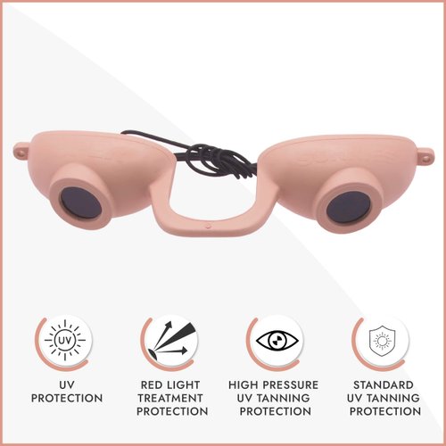 Super Sunnies EVO Flex Tanning Goggles - FDA Compliant Tanning Glasses - UV Tanning Bed Goggles For Tanning Eye Protection - Allows Visibility - With a Clear Case/Box (Peach)