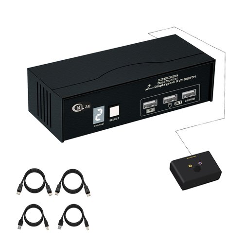 CKLau 2 Port Displayport KVM Switch Dual Monitor 4K60Hz 2K144Hz with Cables, USB 2.0 Hub, Digital Display for 2 Computers Sharing Keyboard Mouse Video