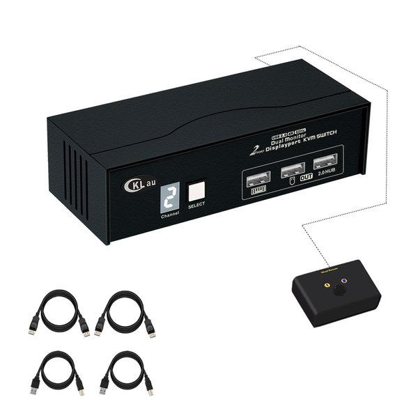 CKLau 2 Port Displayport KVM Switch Dual Monitor 4K60Hz 2K144Hz with Cables, USB 2.0 Hub, Digital Display for 2 Computers Sharing Keyboard Mouse Video