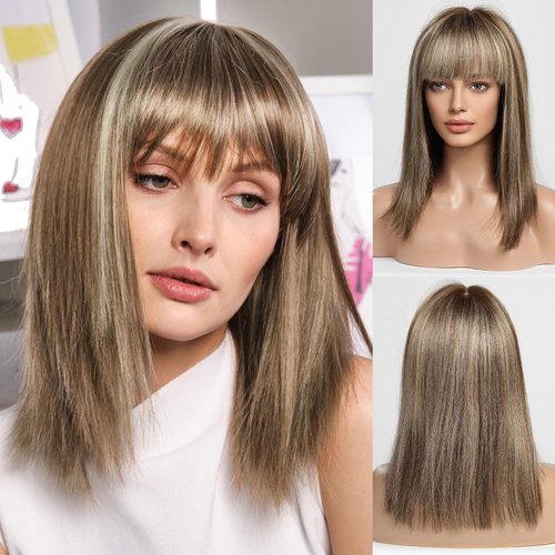 BLONDE UNICORN 16 Inch Bob Wig with Bangs Human Hair,Brown Highlight Bob Wigs for White Women,100% Human Hair Shoulder Length Wigs for Daily Use 180 Density