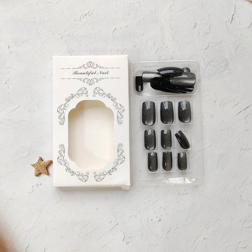 Short Press on Nails - Diowino Black Eye Cat Fake Nails 24pcs Dark Black Flash Glitter Short Acrylic Nails Glossy Solid with Glitter Designs False Nails Glue on Nails for Women Girls