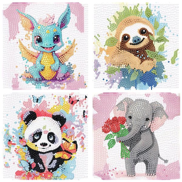bleihum 4 Pack Diamond Art Painting Kits for Kids Ages 4-8-12, Animals Diamond Art Kits for Kids, Gem Painting for Kids Animal for Home Wall Decor Craft Set(6X6 inch)