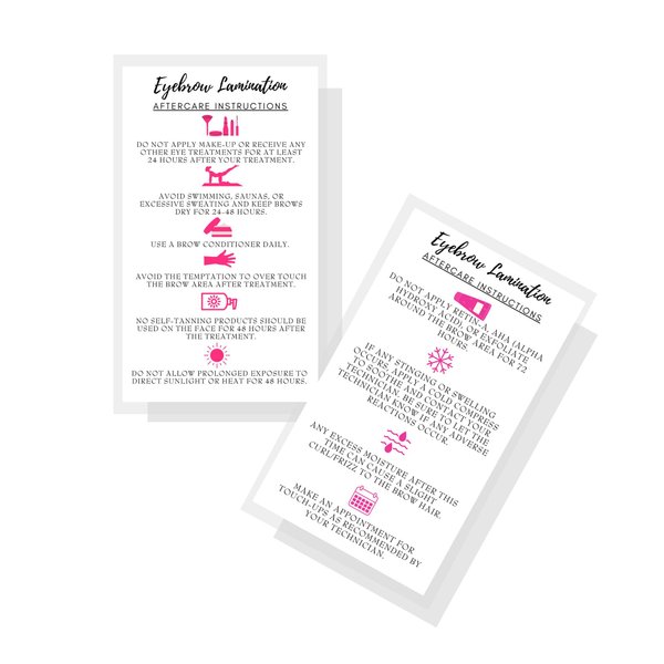 Eyebrow Lamination Aftercare Instruction Cards | Physical Printed 2 x 3.5” inches Business Card Size | Starter Lift Kit with Tint at home diy aftercare supplies | White with Icons Design