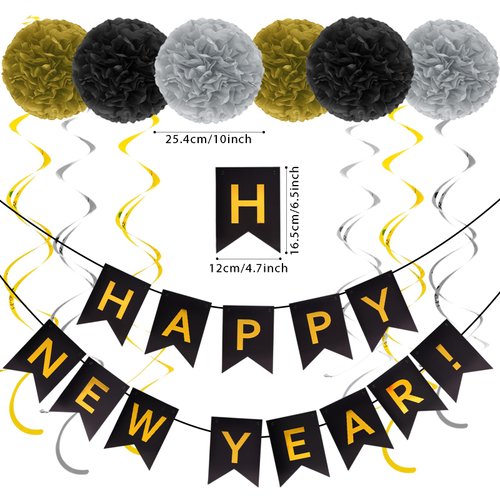 Black and Gold Happy New Year Banner with Bunting Swirl Streamers and Pom Poms for New Years Eve Party Supplies 2025 Happy New Year Decorations