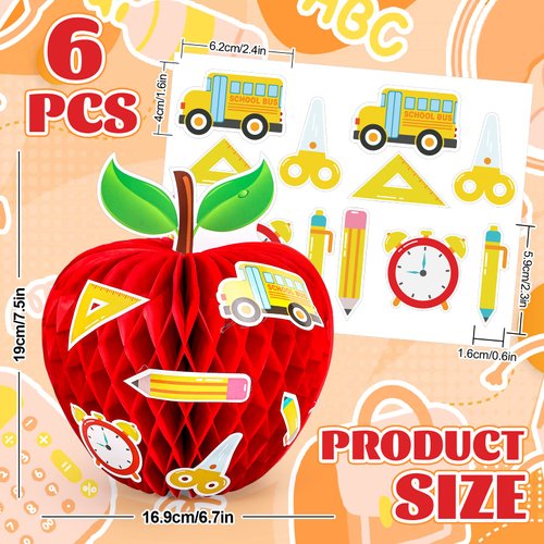 Whaline 6Pcs Back to School Honeycomb Centerpieces with Pencil Ruler Palette Pattern Stickers Red Apple Shape Honeycomb Table Decorations for First Day of School Classroom Party Supplies