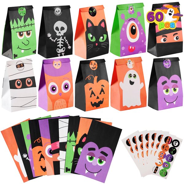 JOYIN 60 PCS Halloween Characters Paper Treat Bags, Trick or Treat Goodie Bags, Candy Bags with Stickers for Halloween Party Favor Supplies