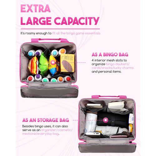 Bingo Bag for Bingo Set Stuff Supplies Bingo Bags with Pockets for Bingo Kit Equipment Pink Bingo Dauber Bag for Dabbers Dobbers Bingo Accessories for Women Lady Bingo Prizes for Bingo Lovers Players