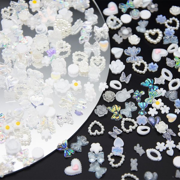 300Pcs Assorted White Acrylic Multi Shapes Flower Butterfly Bowknot 3D Nail Charms Hollow White Heart Pearls Nail Charms for Manicure DIY Crafts Jewelry Accessories