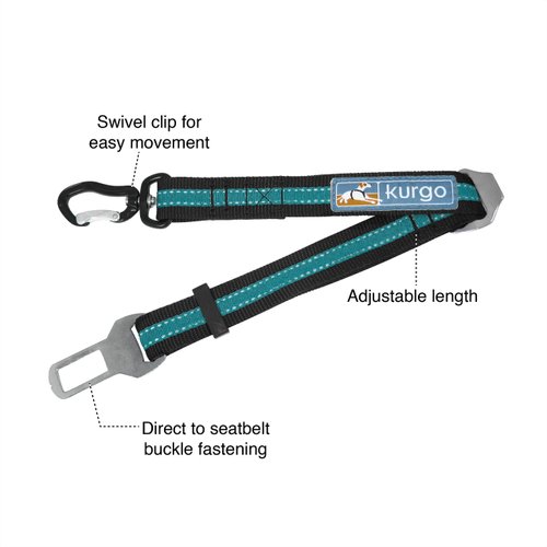 Kurgo Direct to Seatbelt Swivel Tether for Dogs Universal Car Seat Belt for Pets Adjustable Length Dog Safety Belt Carabiner Clip Easy Installation Compatible with Any Pet Harness (Blue)