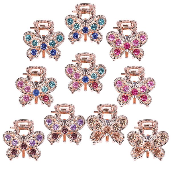 QXUJI 10PCS Rhinestone Hair Claw Jaw Clips, Crystal Metal No-slip Hair Grip Clamps, Mini Butterfly Bangs Clip Bow Hair Claw Gripper, for Women Girls Hair Pins