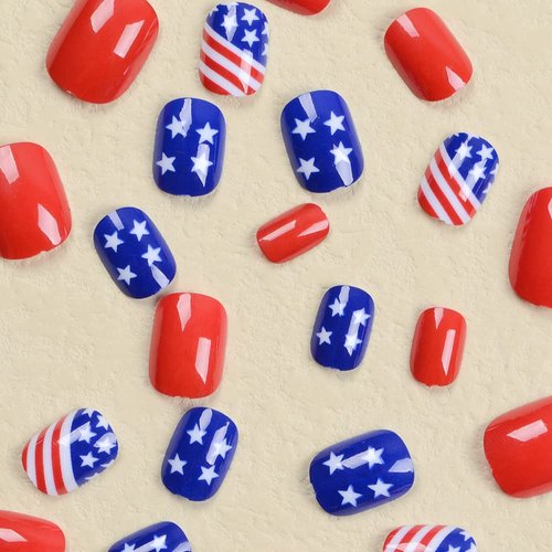 24Pcs Press on Nails Short Square Cute Fake Nails Patriotic Element False Nails Full Cover Nails Press ons Short Nail Tips Art Kit French Acrylic Rose Gold Glitter Stick on Nails Glue on Nails Set