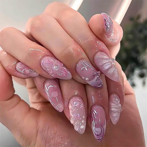 RUOKEXIN Almond Press on Nails Medium Fake Nails Pink False Nails with 3D Pink Flower Designs Nail Press ons French Tip Handmade Acrylic Artificial Nails Summer Natural Stick on Nails for Women 24Pcs