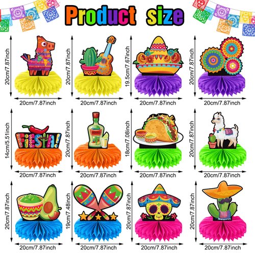 12 Pieces Fiesta Honeycomb Table Centerpiece, Cinco De Mayo Party Table Decorations, 8 Inch Mexican Table Centerpiece for Mexican Fiesta Decorations Theme Party Supplies