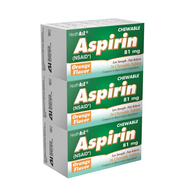 HealthA2Z® Aspirin 81 mg | Low Strength | Chewable Tablets | Pain Relief | Reduces Minor Aches Muscle Pain & Cramps | Fever Reducer | Orange Flavor | Reduces Headache (36 Counts (Pack of 3))