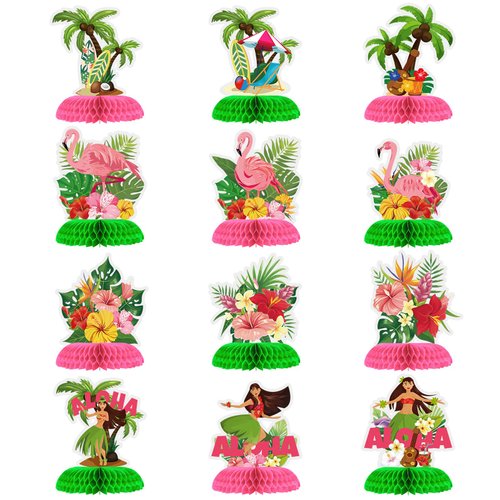 Satinior 12 Pcs Flamingo Centerpieces for Tables Hawaii Luau Honeycomb Table Centerpieces 3D Flamingo Party Supplies Beach Palm Tree Tropical Decoration for Kids Flamingo Birthday Party Supplies