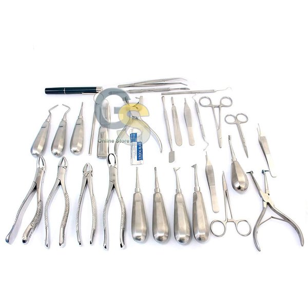 G.S 40 PCS ORAL DENTAL EXTRACTION EXTRACTING FORCEPS ELEVATORS MIRRORS WITH SCALPEL BLADE #10