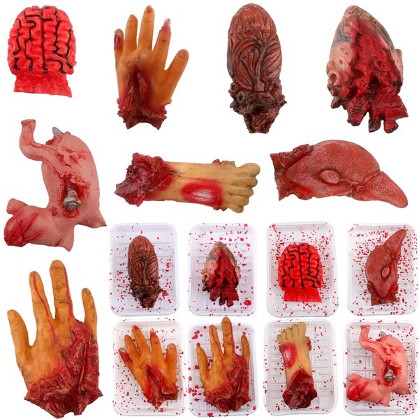 SGBETTER 8 Pack Halloween Body Parts Broken Organs Fake Severed Hand Foot Heart Brain Screw Liver Dinner Plate for Halloween Prank Props Party Decor