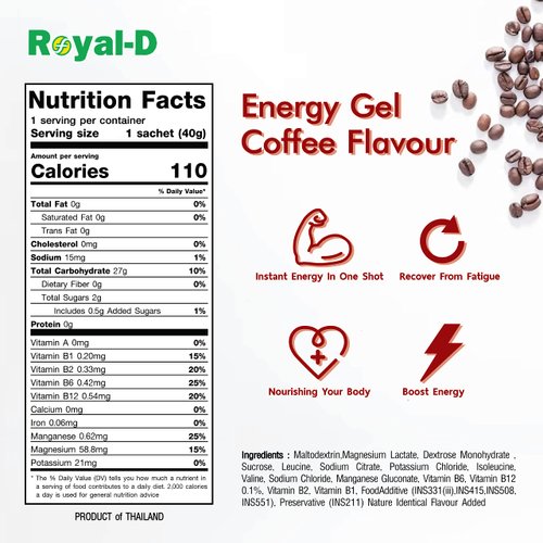 Royal-D Energy Gels for Running - Energy Gel, Running Gels, Sports Gels for Runners, Energy Gel for Cycling, Energy Gel for Running - Coffee Flavor (1.4 Oz Packet, 20 Count)