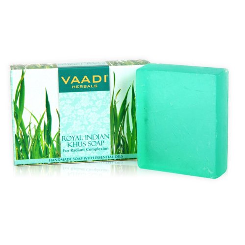 Vaadi Herbals Vetiver Soap (Royal Indian Khus Bar Soap) with Olive and Soybean Oil - Handmade Herbal Soap with 100% Pure Essential Oils - ALL Natural - Each 2.65 Ounces - Pack of 6 (16 Oz)
